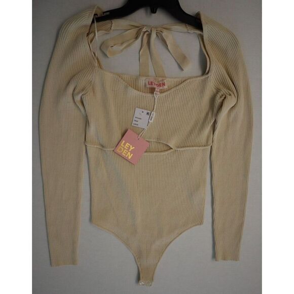 Leyden 1875LMA Women's Sz L Cream Ribbed Cutout Long Sleeve Thong Bodysuit $89+ - Picture 4 of 5